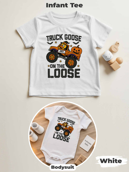 Personalized Baby “Truck Goose On The Loose” Halloween Outfit – Custom Bodysuit & Infant Tee